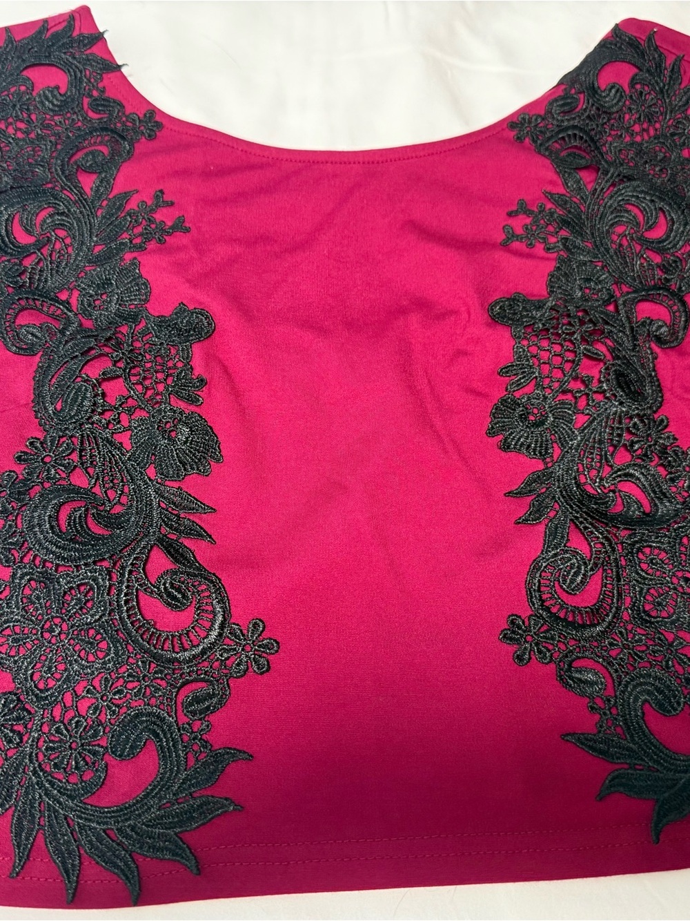 bebe Fuchsia Tank Top with Black Lace Appliqué